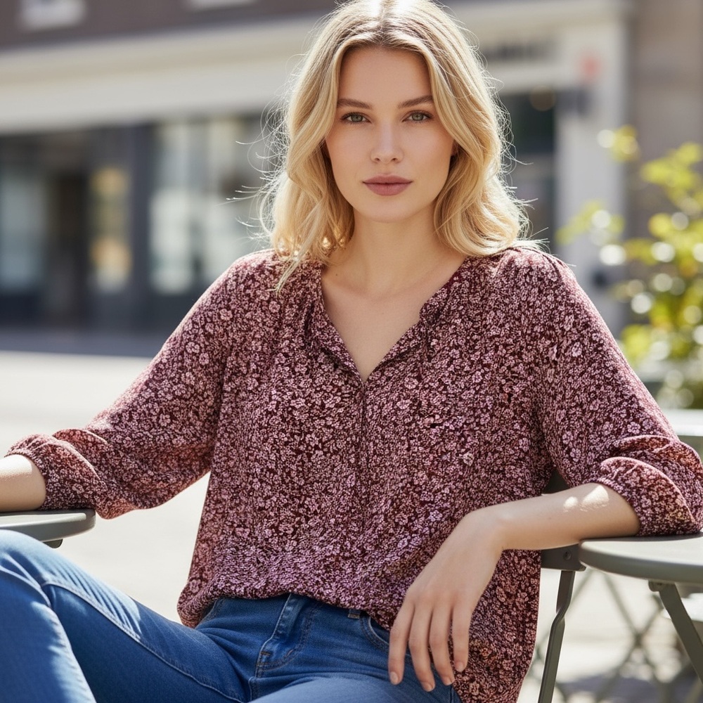 Market & Spruce Burgundy Floral Long Sleeve Blouse